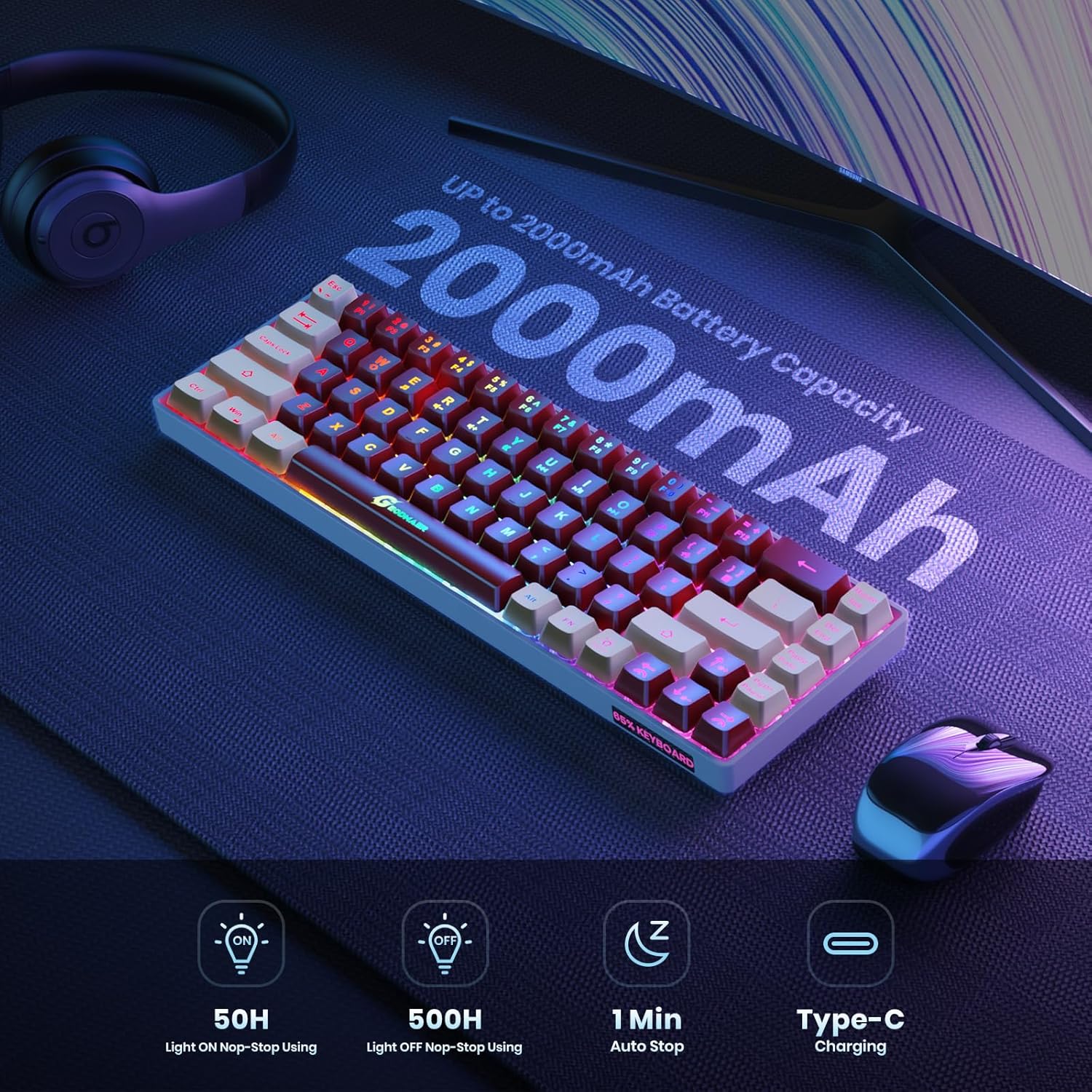 GEODMAER 2,4G teclado inalámbrico para juegos 68 teclas teclado para juegos recargable retroiluminado Anti-ghosting teclado sin conflictos para PC