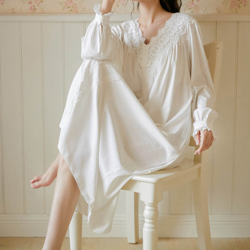 Victoriaanse Katoen Nacht Jurk Vrouwen Herfst Witte Lange Peignoir Grote Maat Vintage Robe Gown Romantische Nachtjapon Prinses Nachtkleding