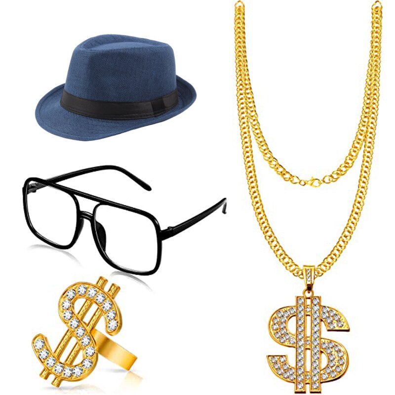 4 stykker hip hop kostume sort hvid hat briller dollarskilt guld kæde ring hip hop 80s/90s rapper tilbehør halloween fest: Blå