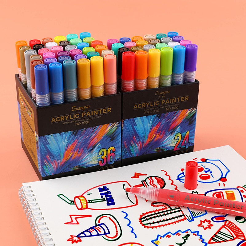 36 farver diy akryl penne mild liner akryl maler markør vandbaseret maling pen markører