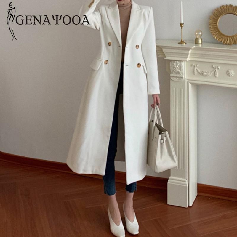 Genayooa kvinnor vinter vit kappa ull kontor damer lång kappa varm dubbelknäppt överrock koreansk: M