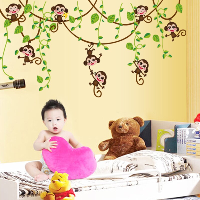 Pegatinas de pared de mini monos para habitación de niños, calcomanías de Arte de vinilo 3D, animales, plantas, pegatina de papel pintado dormitorio, guardería, decoración del hogar