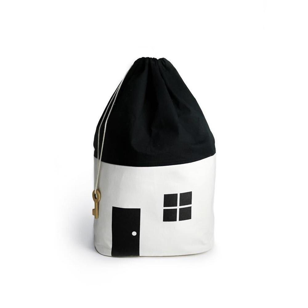 Lona de algodão bonito pequena casa saco de armazenamento grande capacidade lavanderia brinquedo cordão saco preto branco dobrável reutilizável 65*40cm: White