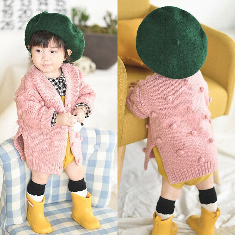 Peuter Winter Kleding Kids Baby Meisje Gebreide Trui Jas Lange Mouwen Effen Vest Jas Kleine Bal Decoratie Uitloper