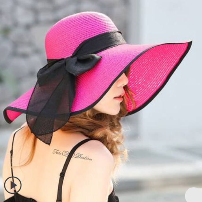 Sommer stor randen stråhat floppy bred randen solhue bue knude strand foldbare hatte hatte til kvinder: Rosenrød