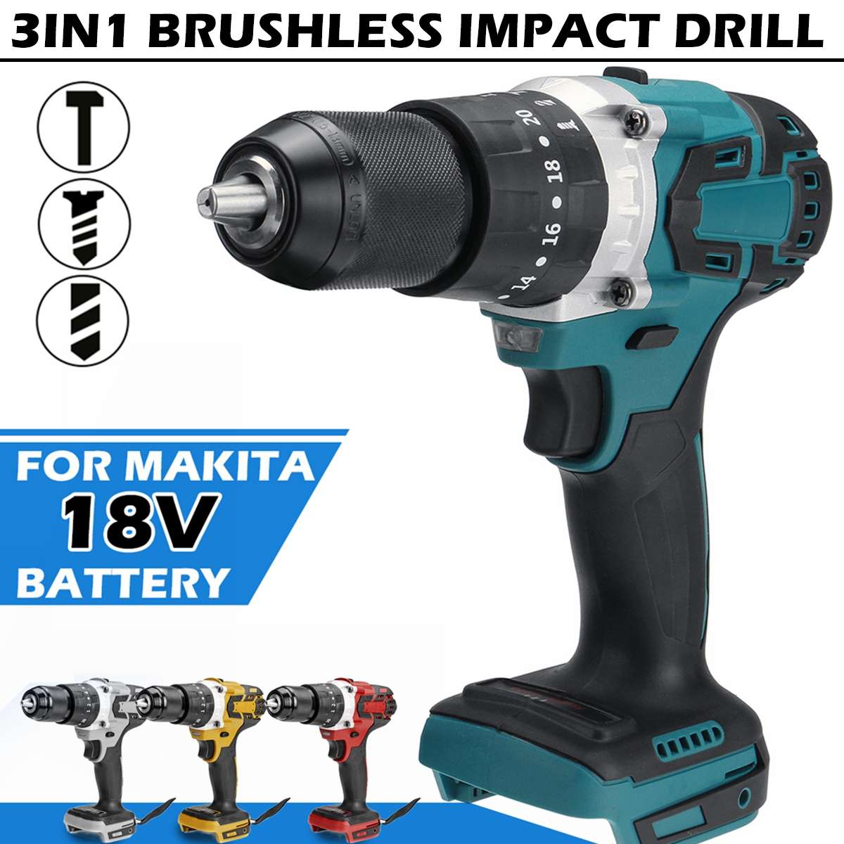 3 i 1 børsteløs elektrisk borhammer 13mm 2 -trinns batteridrevet skrutrekker 20+3 slagmaskin til slagmaskin til makita 18v batteri