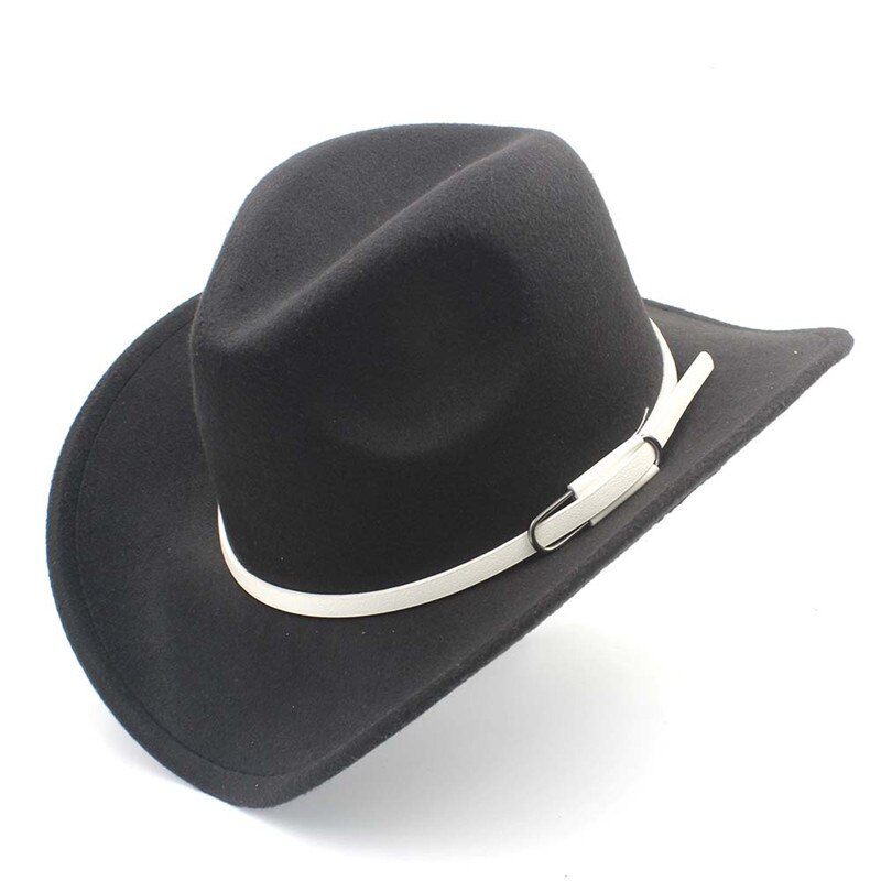 retro kvinner menn ull vestlig cowboyhatt rull-opp avlet kant filt cowgirl jazz gudfar sombrero lokk med hvitt belte størrelse 56-58cm: Svart
