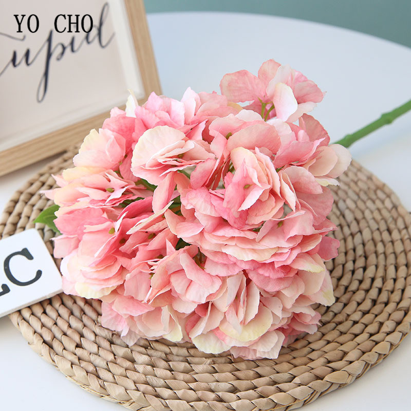 YO CHO-Flor de hortensia Artificial, rama única, Hortensia de seda, ramo de novia, decoración de en casa, planificador de flores de boda: rose-red