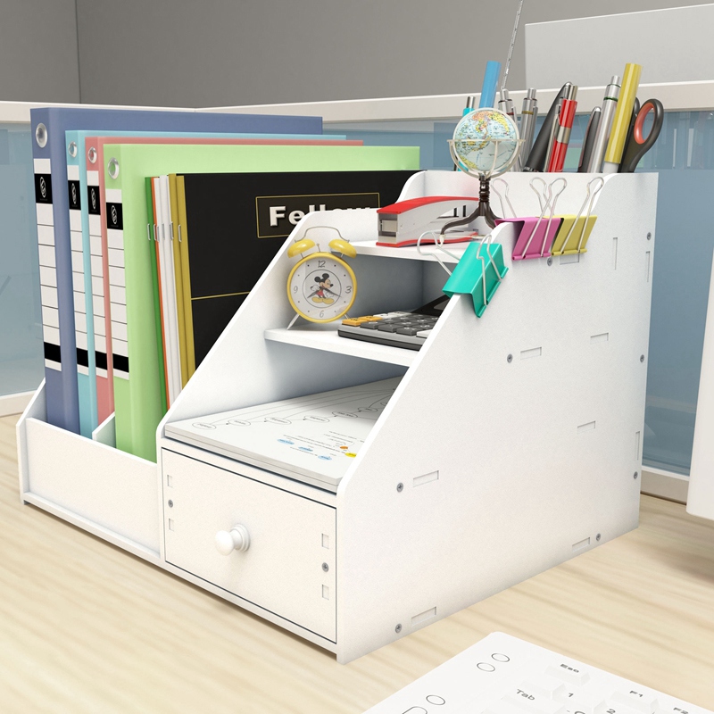 Multi Use Desktop Stationery Organizer Box With Document File Book Stand and Pen Holder Drawer Rack for Memo Note Pad
