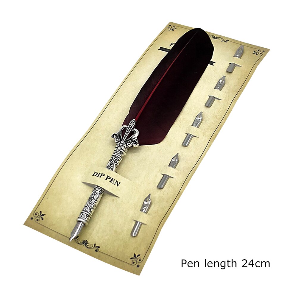 Calligraphy Feather Dip Pens Fountain Pen Retro with 5 Nib Writing Ink Quill Art for School Office Work Ornaments: Wine Red