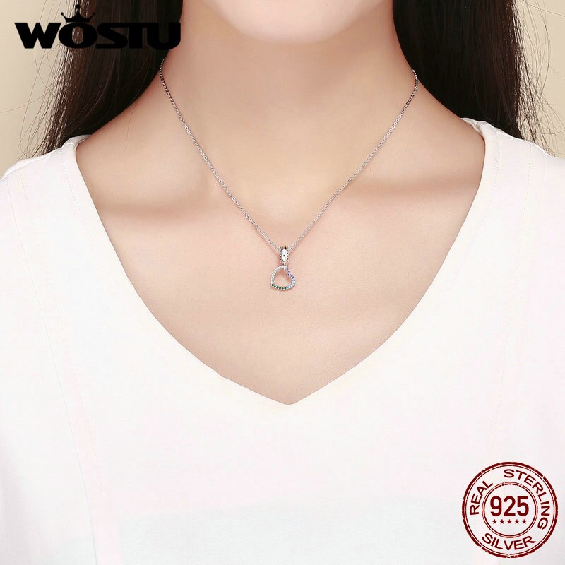 WOSTU-Colgante dijes de plata de ley auténtica con forma de corazón colgante dijes de arcoíris aptos para DIY, cuentas, pulsera, collar, joyería, para enamorados, FIC896