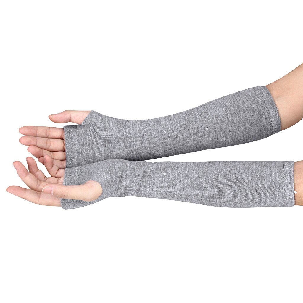 Sagace gants unisexe poignet bras tricoté à la main longs gants sans doigts couleur unie Crochet mitaines: Gris