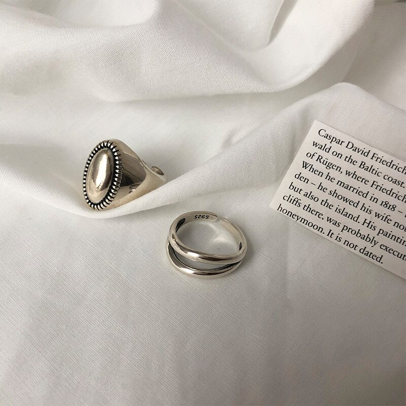 HUANZHI Personality Silver Color Double Layer Line Retro Opening Adjustable Ring for Women Party Jewelry