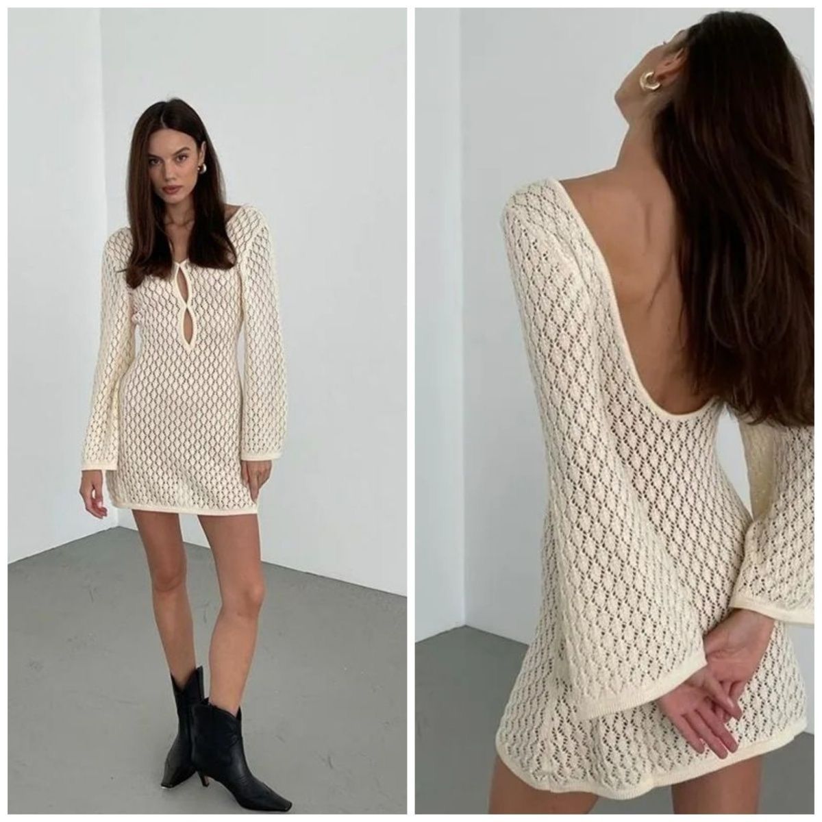 Koronkowa mini sukienka na wakacje, bez pleców, dekolt w serek, długa sukienka plażowa z długim rękawem, nowa sukienka na wakacje z szydełkowym wzorem, seksowna na Instagram, kolekcja 2025: S / Beżowy