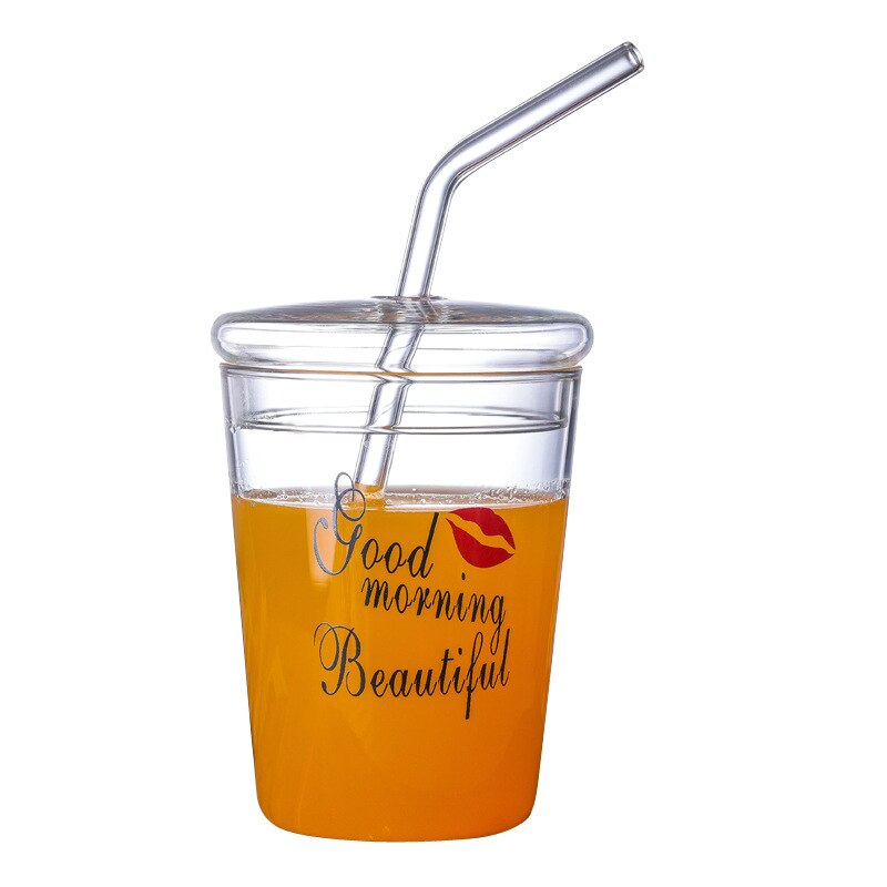 Heat-Resisting Clear Strawberry Letter Pattern Coffee Juice Drinking Water Glass Cup with Straw Lid For Home OffIce Drinkware MJ