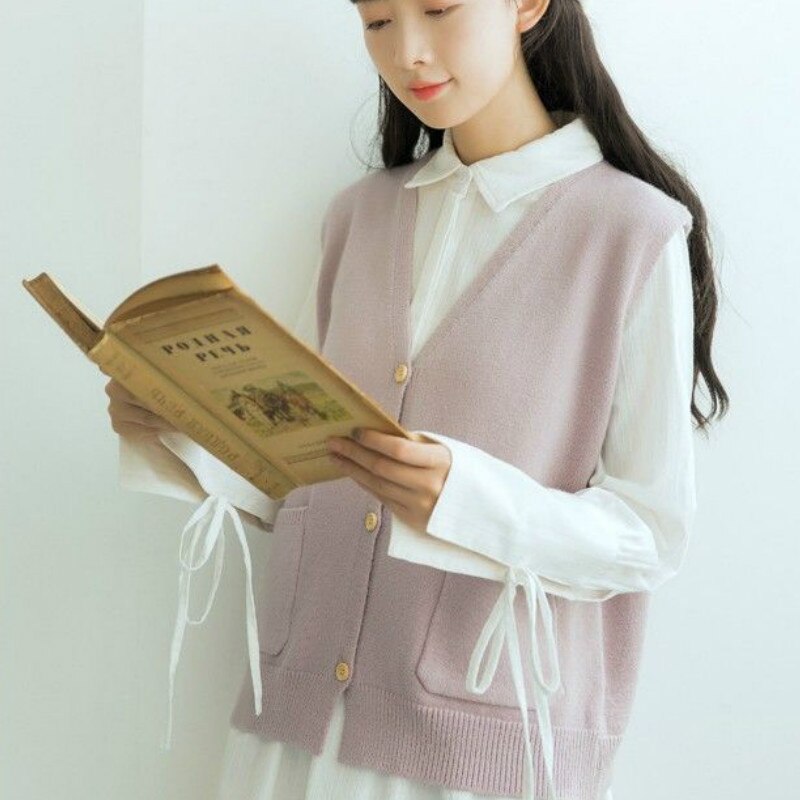 Sweater vest dame lomme solid enkel koreansk strikket åben sting all-match preppy stil løs v-hals ærmeløs: Lyserød -1