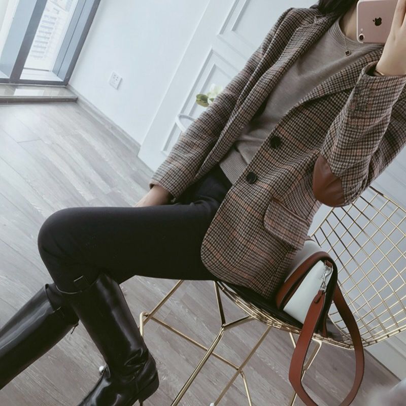 Vangull-blazer à carreaux pour femmes, manteau classique en Patchwork, Patch, coude, vêtement formel à boutonnage simple pour femme