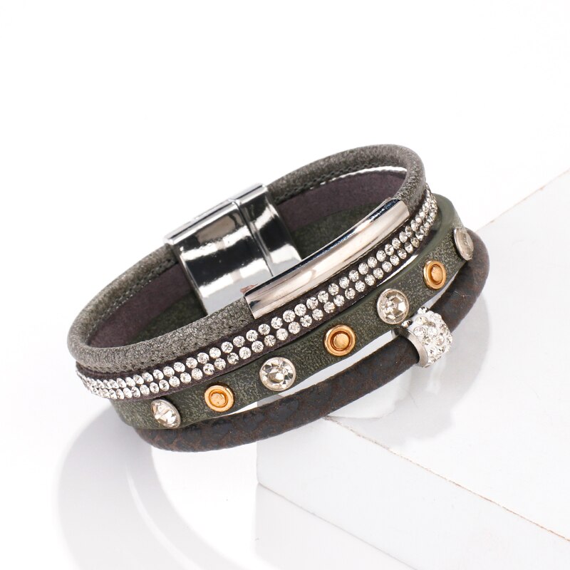 Flashbuy Vintage Crystal Leather Bracelets For Women Rhinestone Alloy Multilayer Wrap Boho Female Bangles