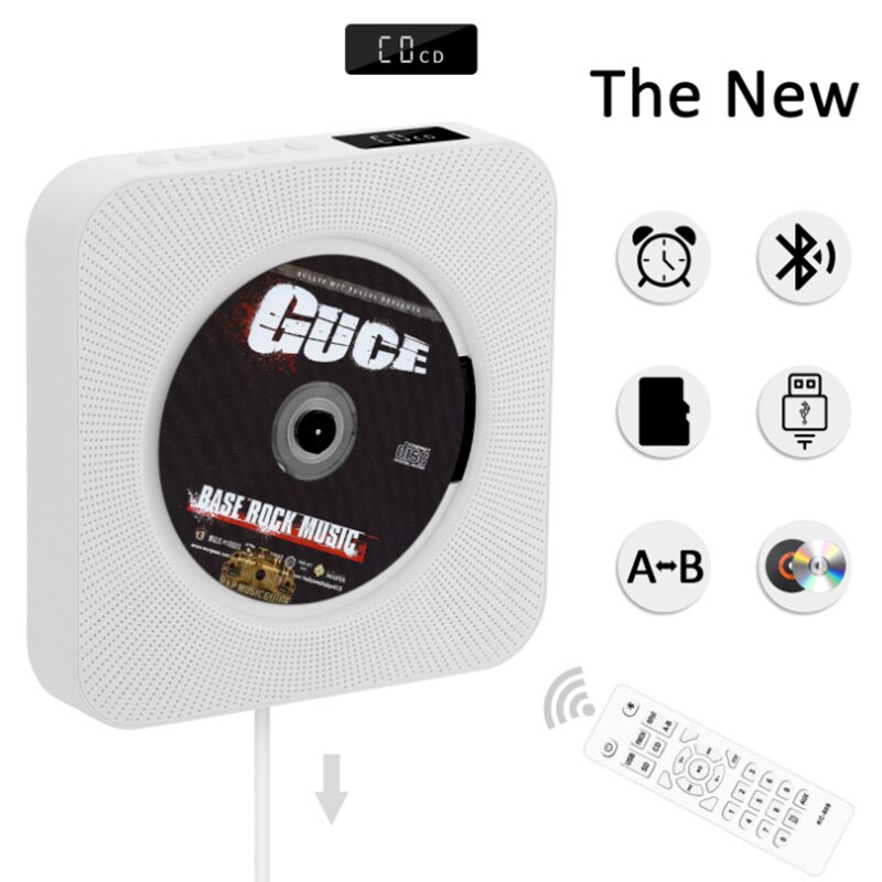 Portable Wall Mounted CD Player MP3 Player Bluetooth Hifi Speaker FM Radio Home Boombox Alarm Clock with LED Display: White with US Plug