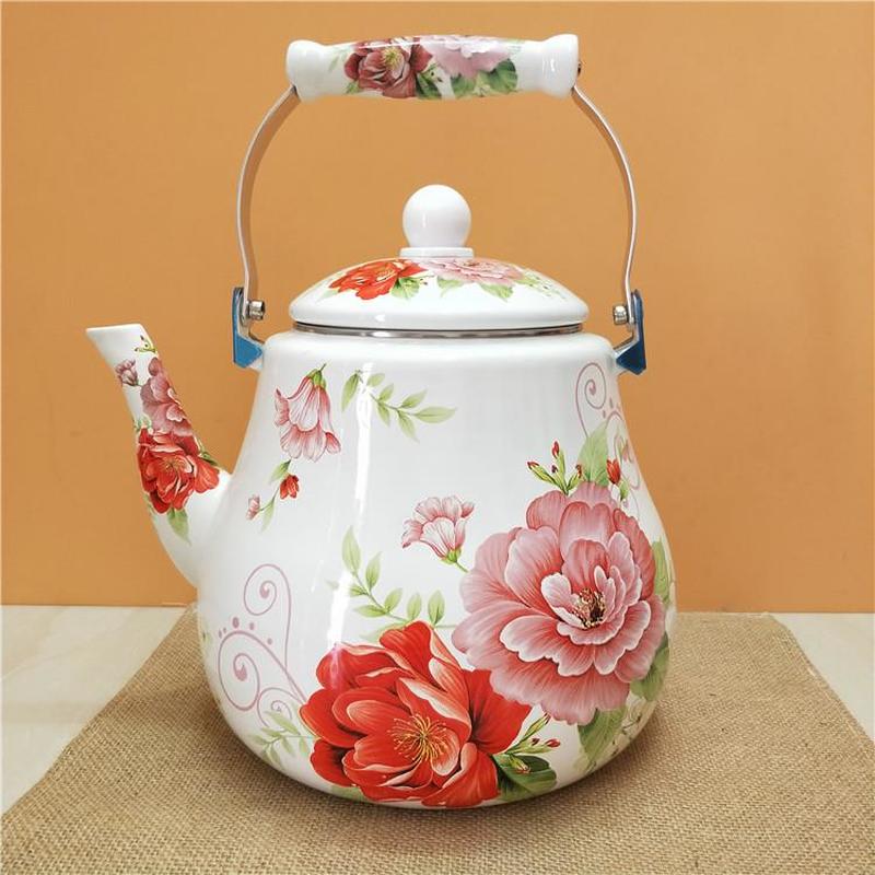Enamel Pot Large Capacity Thickening 5L Enamel Kettle Milk Teapot Flat Bottom Pot Full Flower Induction Cooker Universal Teapot