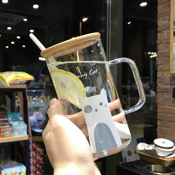 Glas sød stor kapacitet glas varmebestandig drikkekop kontor kvindelig tegneserie krus med låg ske: 7