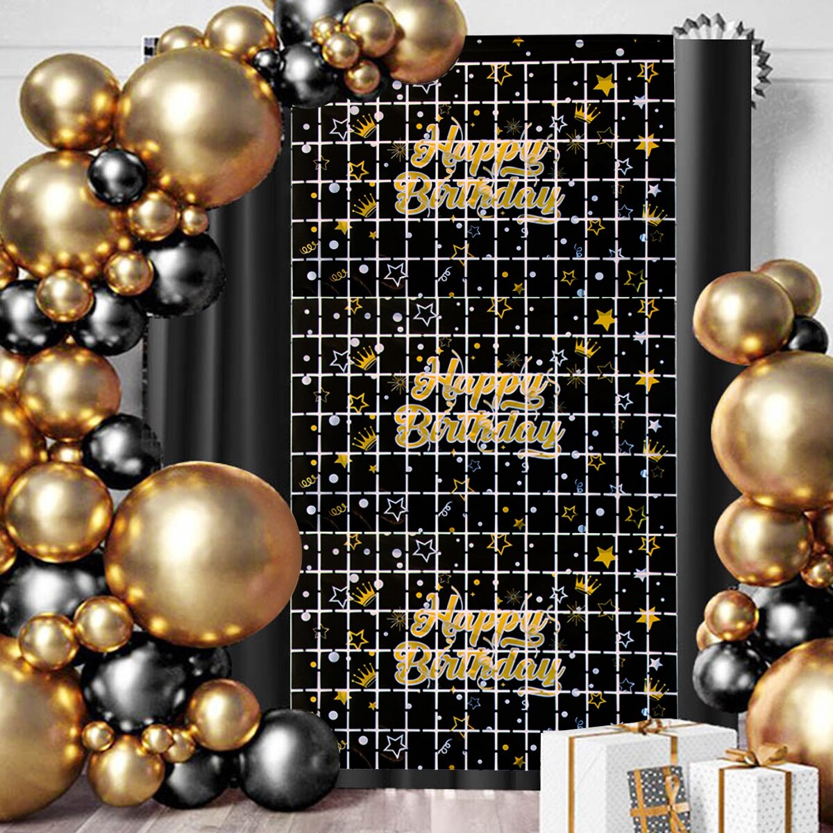 Zwarte Goud Achtergrond Gordijn Sequin Happy Birthday Baby Shower Muur Achtergrond Verjaardag Folie Glitter Gordijn