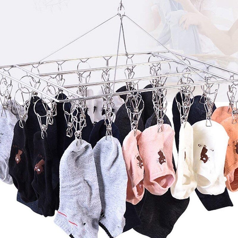 Sock Drying Racks Laundry Drip Hanger Rectangle with 30Pcs Pegs Indoor Outdoor Clothesline Hanging Dryer Clothespins Drying Baby