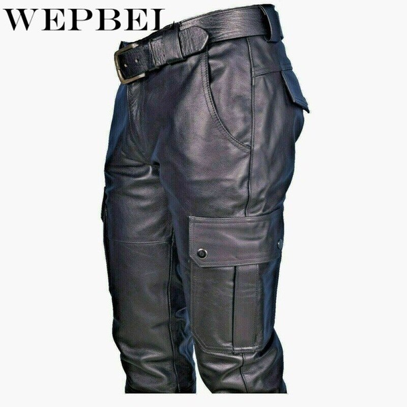 Wepbel Mannen Straight Pu Lederen Broek Biker Moto Lange Lederen Losse Street Style Steampunk Broek Rock Roll Lange Broek