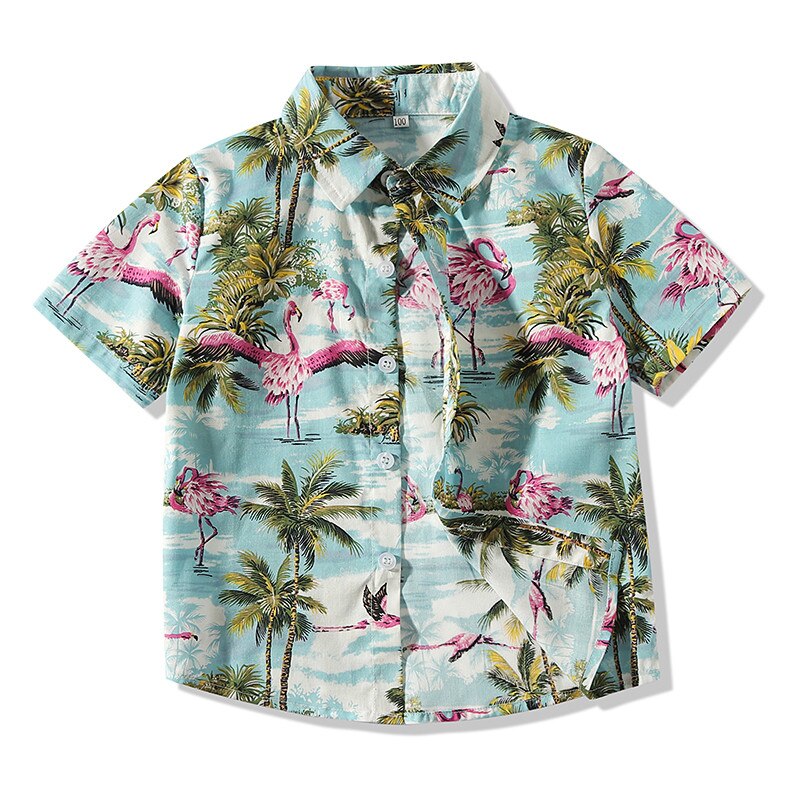 Camiseta de manga corta con estampado de flamenco para niño, camisa de playa con solapa, botones estampados, ropa de verano para vacaciones en la playa, 1-6 años