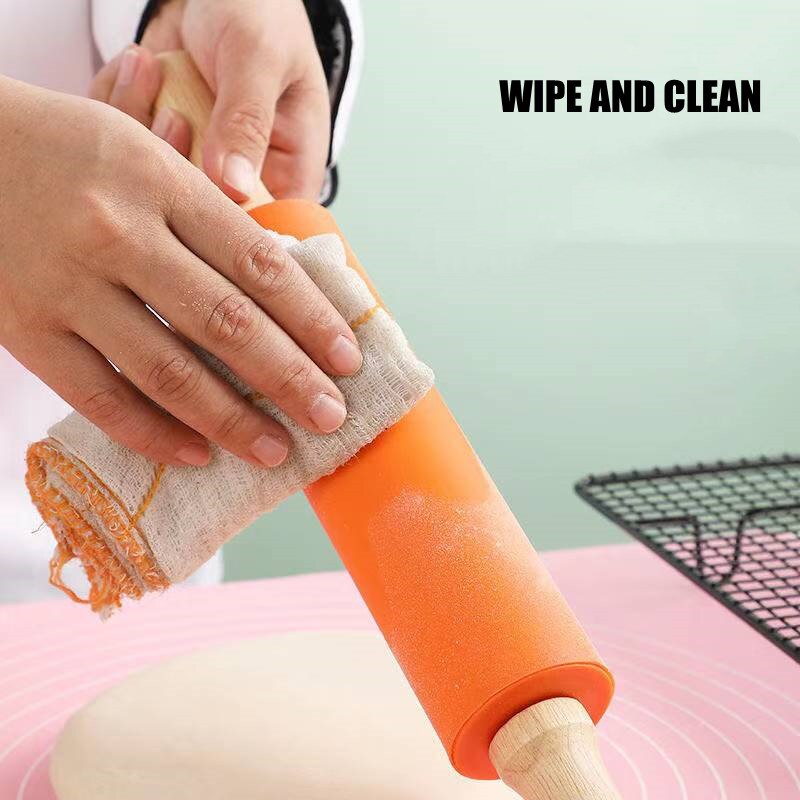 Non-Stick Silicone Rolling Pin Wooden Handle Pastry Dough Flour Roller Kitchen Cooking Baking Tool for Pasta Cookie Dough Tools