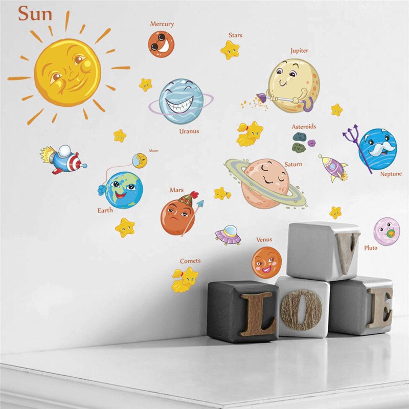 Cartoon Solar System Planets Spaceship Wall Stickers For Kids Room Bedroom Decoration Boys Nursery Mural Art Diy Pvc Home Decals