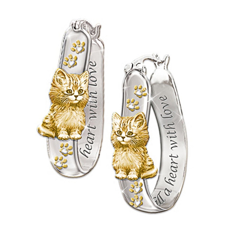 Cute Gold Color Cat Hoop Earrings Two Tone Cat Earrings For Women Girls Jewelry Accessories