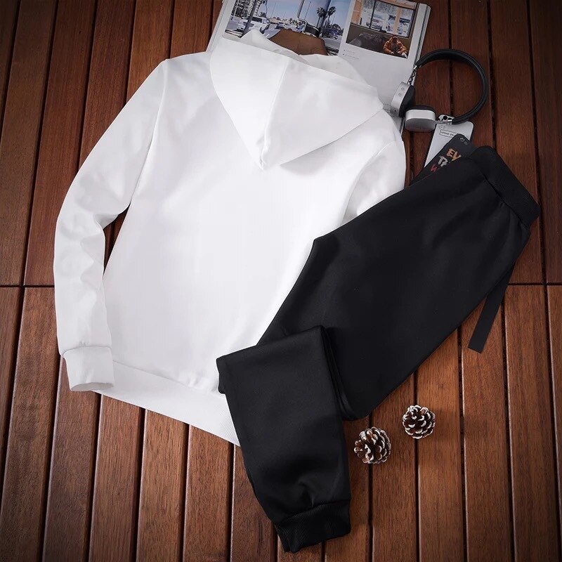 Jeugd Casual Sport Hoodie Zwart Pak Wit 2 Stuk Jogging Running Outfits Heren Herfst Effen Kleur Lange Mouwen Set