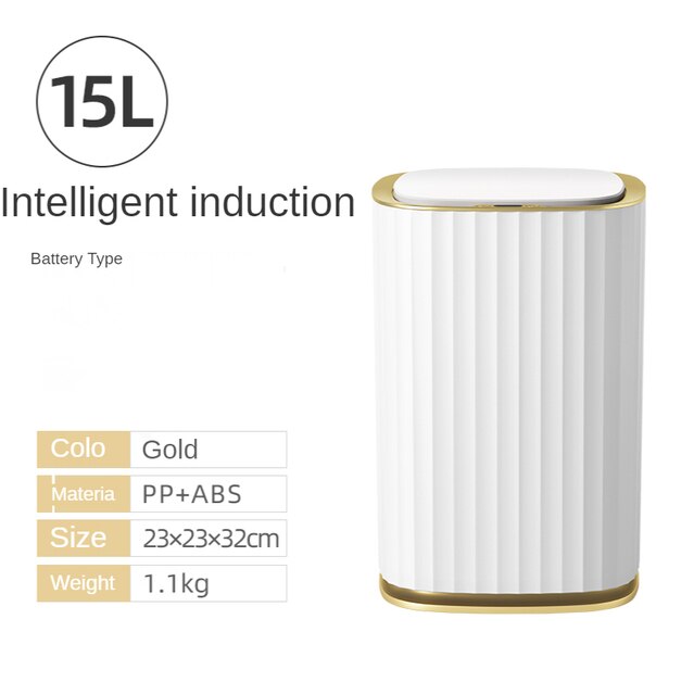 12L/15L Smart Sensor Trash Can Household Automatic Electronic Trash Can Kitchen Waste Bin Trash Can for Bedroom Kitchen Bathroom: Battery golden 15L