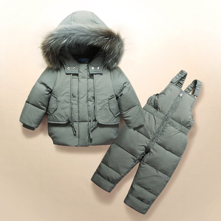 Vinter baby drenge tøj sæt 1-3y drenge skidragt sæt børn sport jumpsuit varme frakker pels andedun jakker+smækbukser: Lysegrøn / 3t