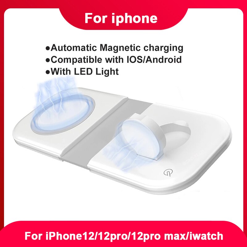 15W Magnetic Wireless Charger 2-in-1 - For iPhone 12 Series, iWatch, AirPods - Foldable Magsafe Charger