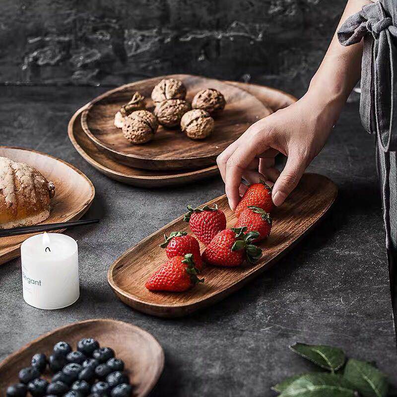 Round Square Wood Plate Breakfast Bread Plate Saucer Tea Tray Dessert Dinner Plate Tableware Whole Wood Fruit Dishes