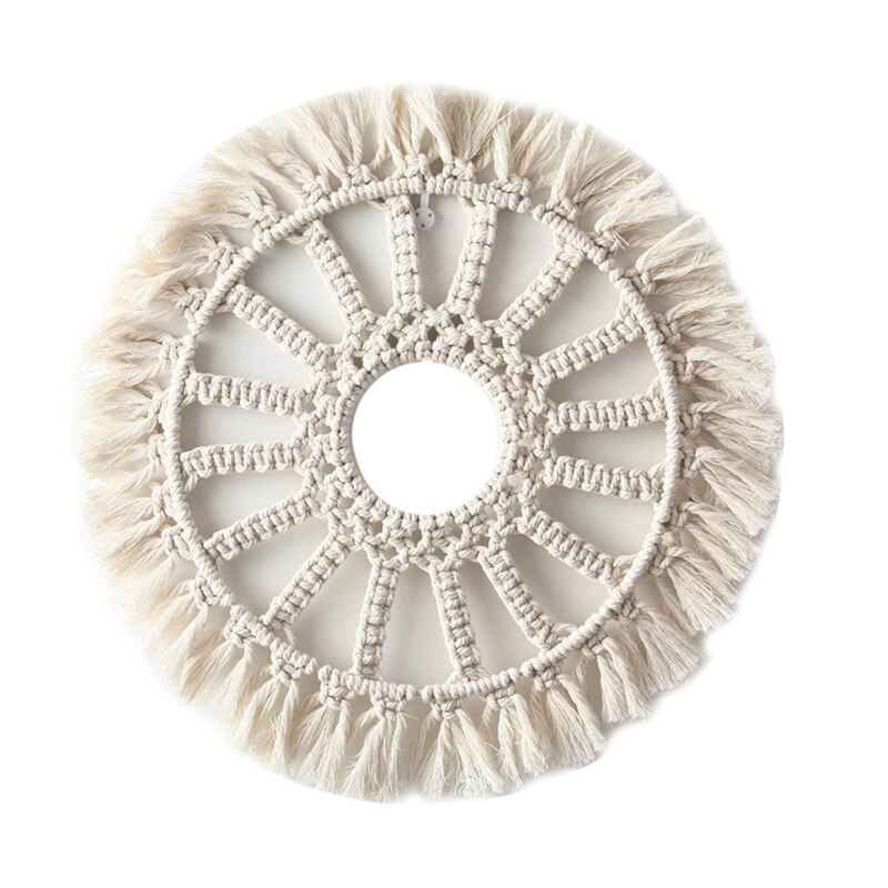 Marco de espejo de pared con borlas tejido a mano, tapiz de macramé bohemio, decoración colgante de pared redonda hueca para el hogar, decoración de habitación de niños