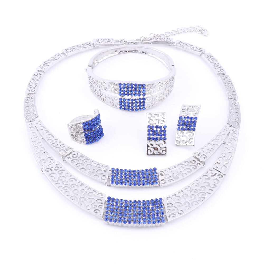 Sieraden Sets Bruiloft Accessoires Afrikaanse Sieraden Sets Goud Kleur Strass Ketting Oorbellen Set Bruids Sieraden Set: Blue Silver