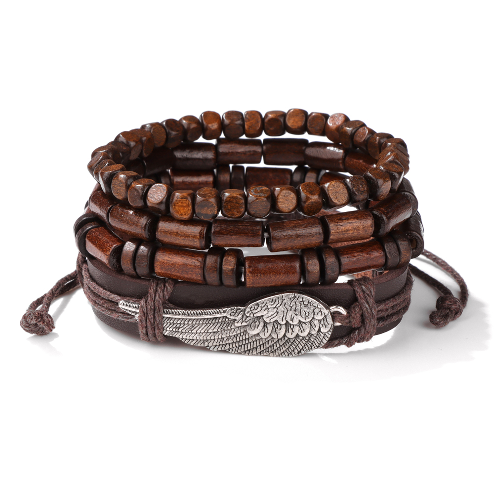 Pulsera de cuentas de madera multicapa para hombre, pulsera de cuerda de cuero marrón Vintage hecha a mano, pulseras nuevas étnicas, brazalete, de joyería 2024: VERMEIL