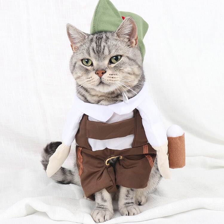 Barman øl tjener kat kostume med hat cosplay jakkesæt til kæledyr sjovt kat tøj tøj halloween kostume vetement chat s-xl: L
