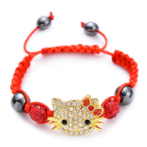 Kids Bracelet Children's Bracelet Connecte Handmade Cute Cat Bracelet for Girls Boys Crystal Beads Braid Charm Bracelets: gold red