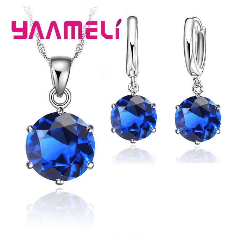 Trendy 925 Sterling Silver Color Jewelry Sets Simple 6 Claws Round Zircon Pendant Necklace Hoop Earrings Set Wedding Bridal: Titanium Plated