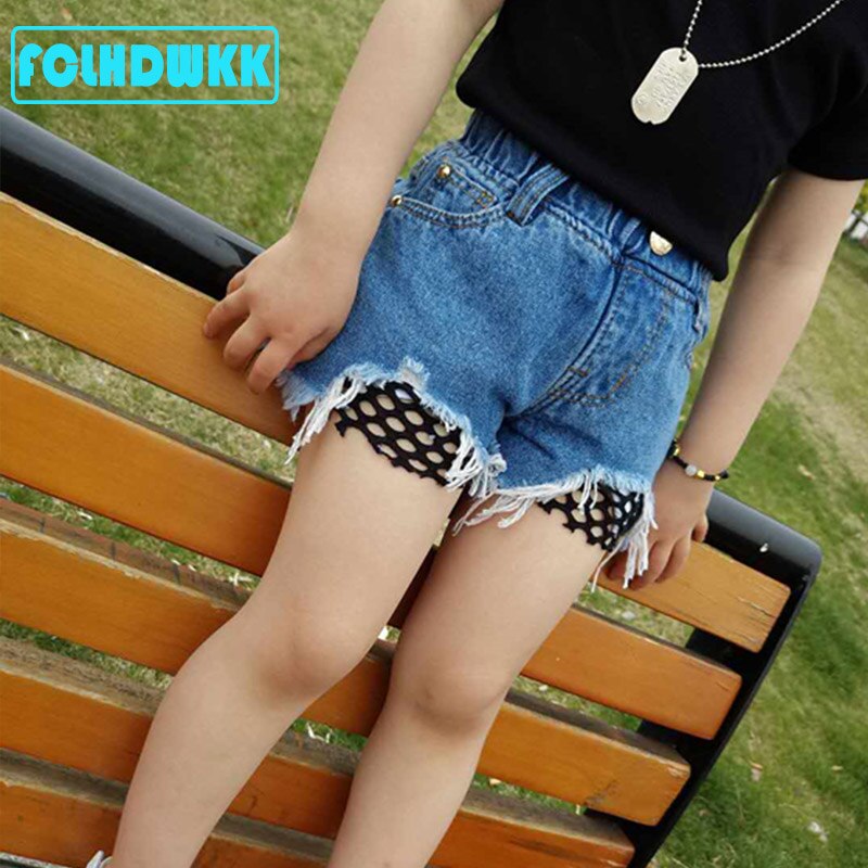 Sommer barn denimshorts bomull barn jenter søte korte blondershortser for jenter barn uformelle jeansshorts 3-9 år
