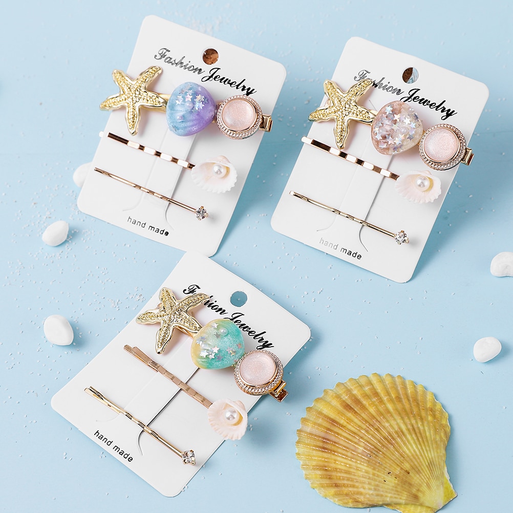 Fermagli per capelli in acrilico con stelle marino per donne e ragazze, forcine in metallo con perle e conchiglie, accessori per capelli da spiaggia