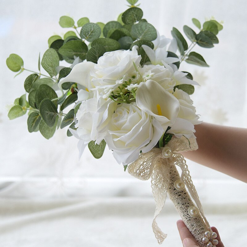 Boho Braut Hochzeit Blumen Mini Braut Brautjungfer Bouquet Real Touch Weiße Calla Lilie Blumen Braut Hochzeit Bouquet