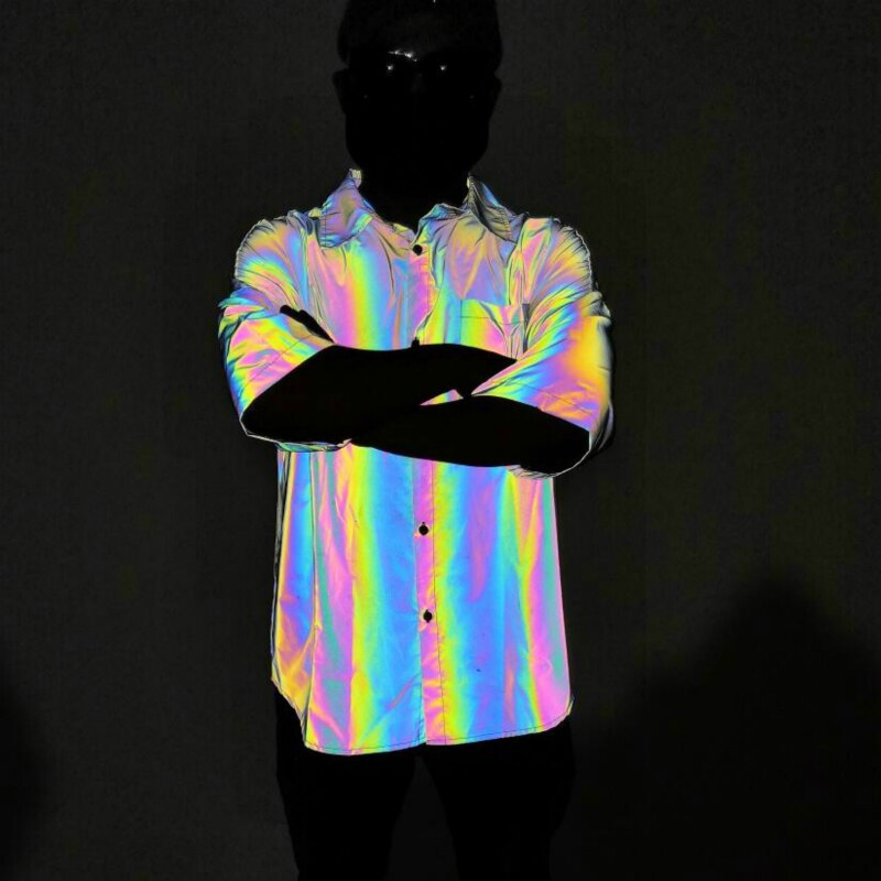 Reflective Light Blouse Men Rainbow Casual Shirts Plus Size Back Long Zipper Detachable Colourful Ribbons Hip Hop Streetwear