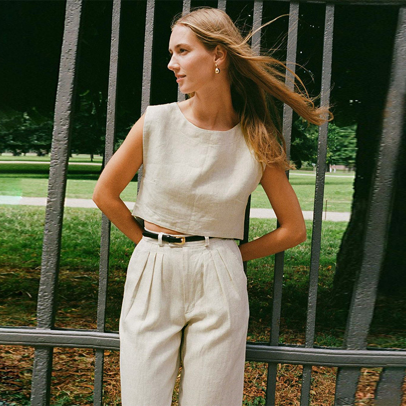 Sommer 100%  ærmeløs crop top i linned til kvinder, løs afslappet ensfarvet, søde toppe, rund hals, minimalistiske korte t-shirts: S / Sort