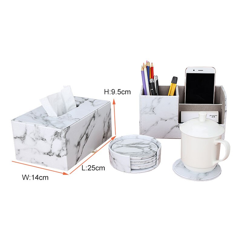 Kontorartikler marmor pu læder skrivebord arrangør sæt pen holder opbevaringsboks tissuekasse cup coaster 3 stk / sæt: T024 l