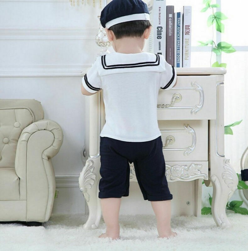 12-18Monate Kleinkind Baby Kleidung einstellen Seemann Kragen Baby Mädchen Strampler Kurzarm Einem Stück Overall Für Jungen Kleidung Hüte einstellen